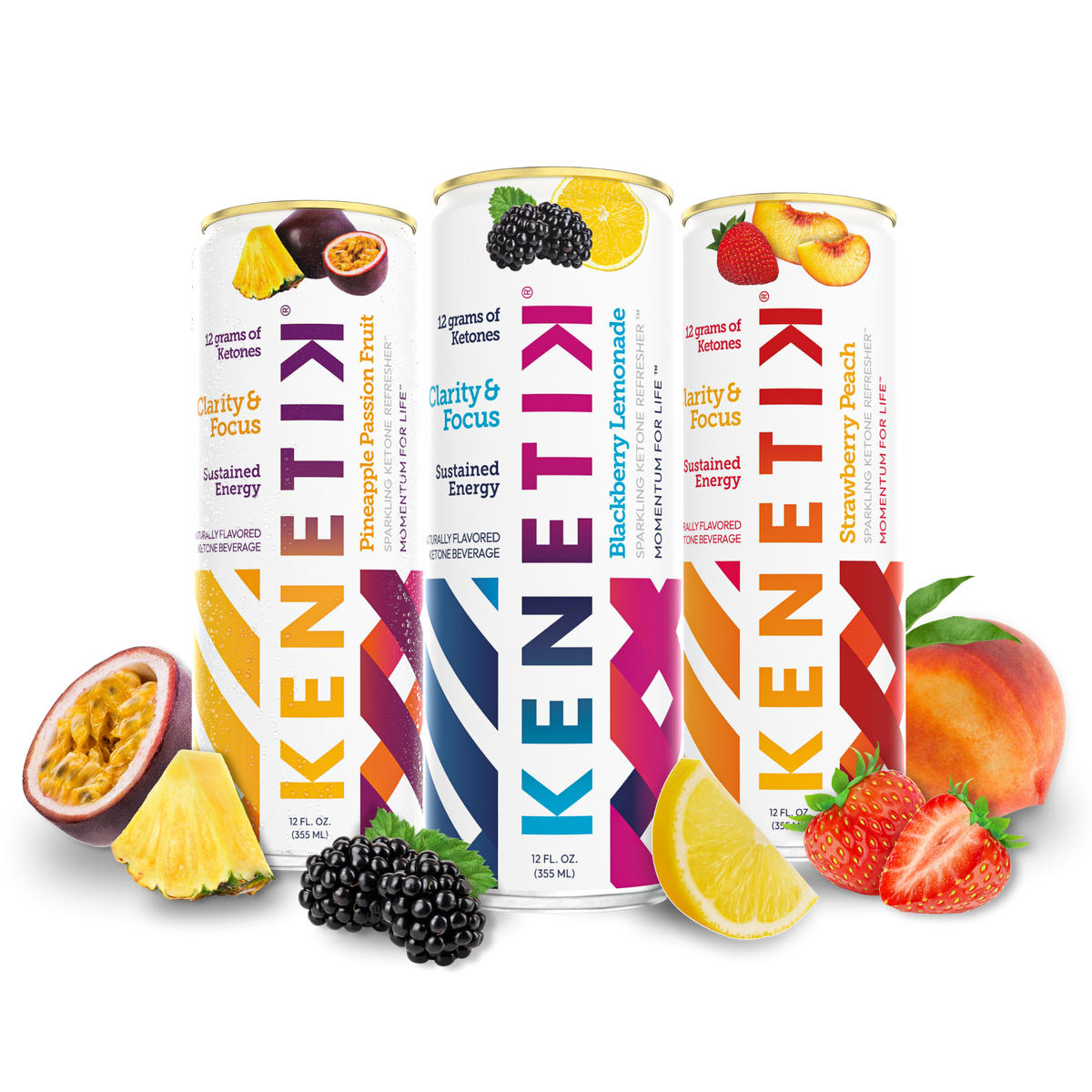 Kenetik ketone drink cans - Pineapple Passion Fruit, Blackberry Lemonade, Strawberry Peach