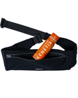 Black running belt containing an tangerine Kenetik shot on a white background.