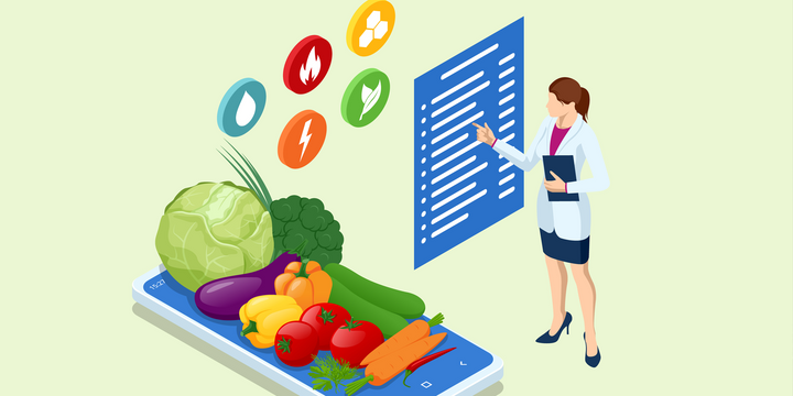 An illustration of a nutritionist next to fruit and nutrition facts