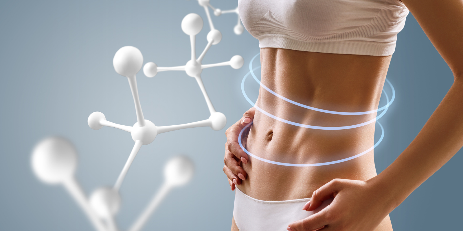 A molecule wraps around a fit woman's body representing metabolism