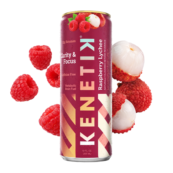 Kenetik Raspberry Lychee can with fresh raspberries and lychee
