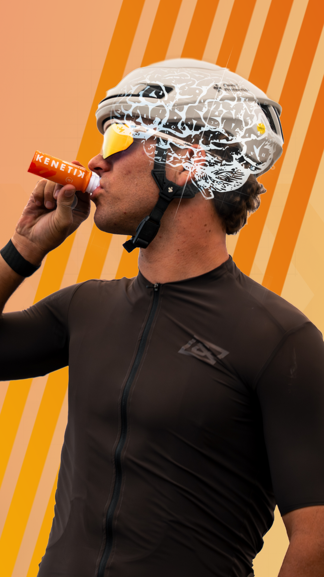 Cyclist in a black cycling kit and white helmet drinking a Kenetik ketone shot. An illustration of a brain overlays his helmet to reflect the brain boosting benefits of Kenetik!