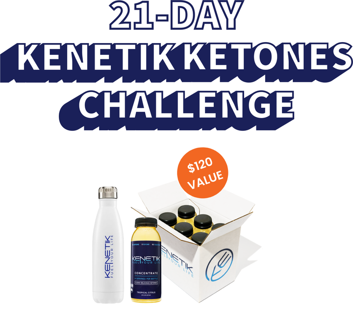 Image with the title "21-Day Kenetik Ketones Challenge". Includes the Kenetik Ketone Challenge Pack on a white background with an orange circle in the right corner featuring the text "$120 value". The image features a white Kenetik water bottle, bottle of Kenetik Ketone Concentrate and a 6-pack of ketone concentrate.