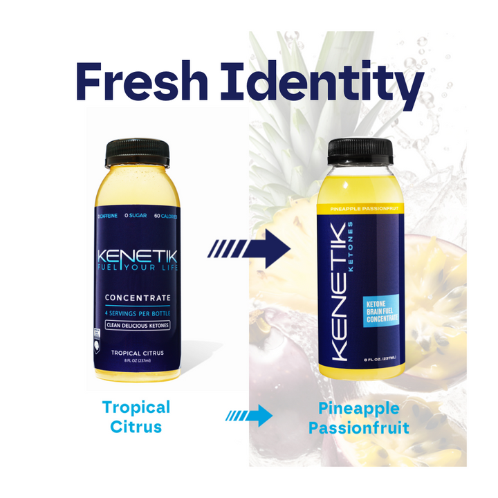An image titled "Fresh Identity" that shows the Tropical Citrus flavor of Kenetik Ketone Concentrate has been renamed to Pineapple Passionfruit. The image features before and after pictures of the bottle label - the new label prominently features Kenetik Ketones, Ketone Brain Fuel and Pineapple Passionfruit.