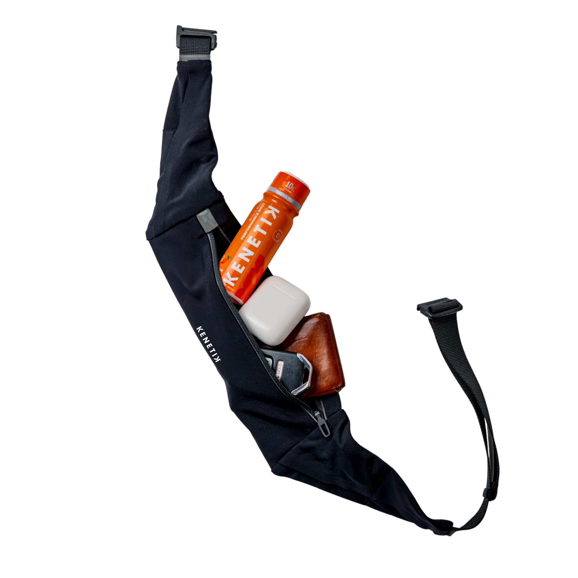 Black running belt unzipped to reveal a Kenetik shot, Airpods, keys and a wallet. All on a white background.