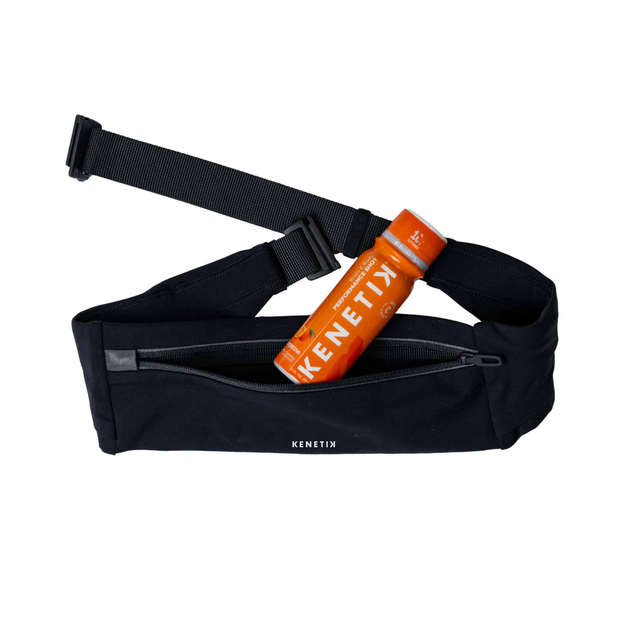 Black running belt containing an tangerine Kenetik shot on a white background.