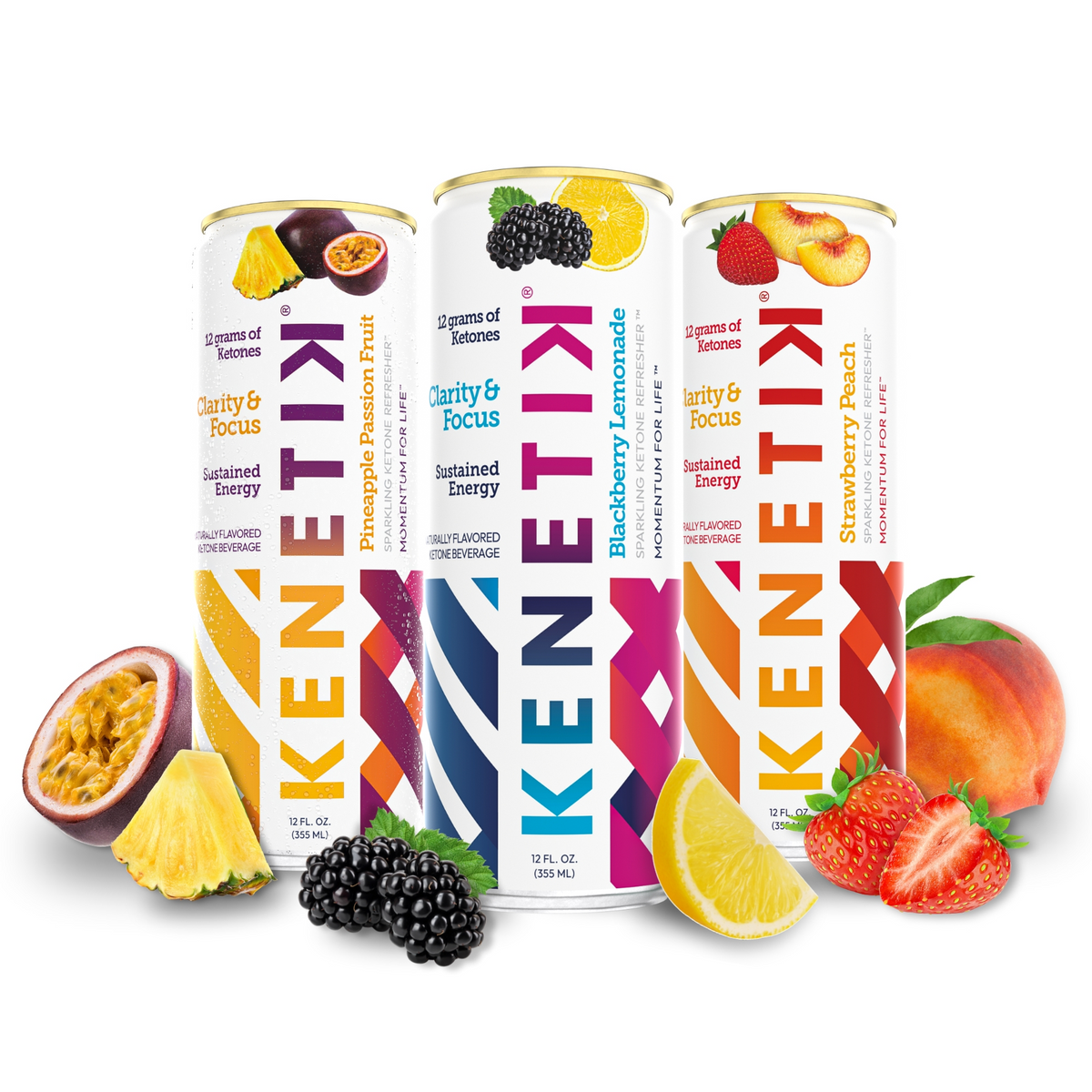 Original three Kenetik brain fuel cans with fruit illustrations on a white background. Pineapple Passion Fruit, Blackberry Lemonade and Strawberry Peach 