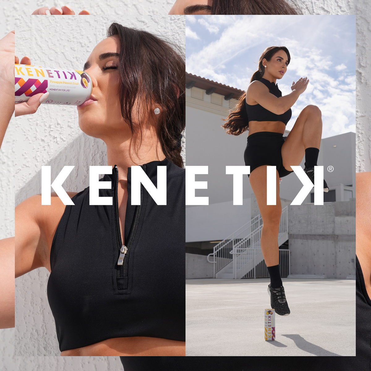 A split screen of a woman in black athletic gear drinking a Kenetik can on the left and exercising on the right