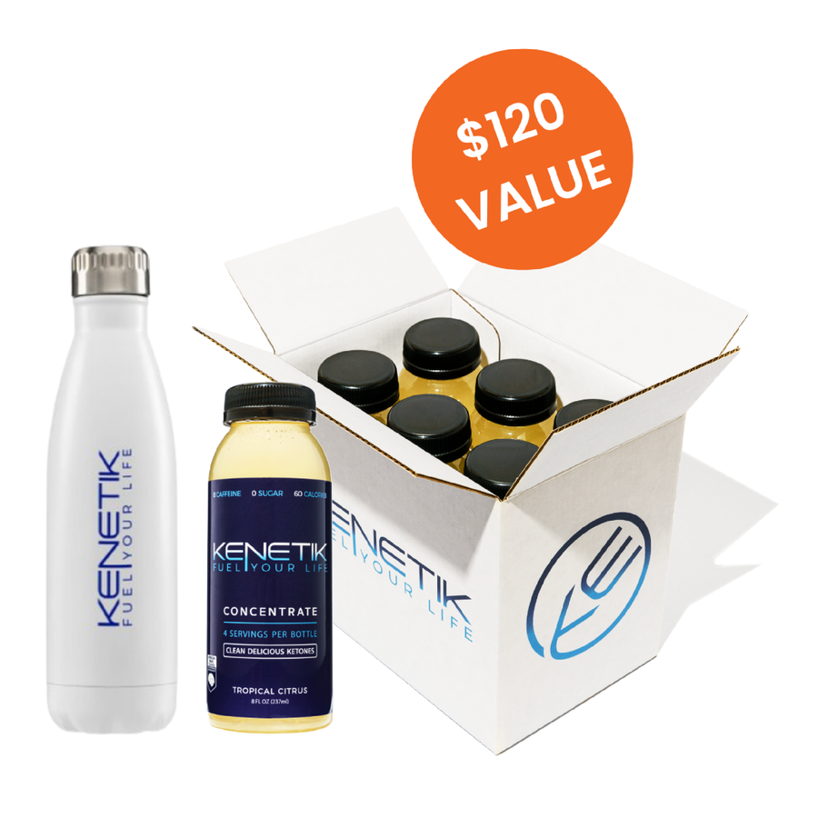 Image of the Kenetik Ketone Challenge Pack on a white background with an orange circle in the right corner featuring the text "$120 value". The image features a white Kenetik water bottle, bottle of Kenetik Ketone Concentrate and a 6-pack of ketone concentrate.